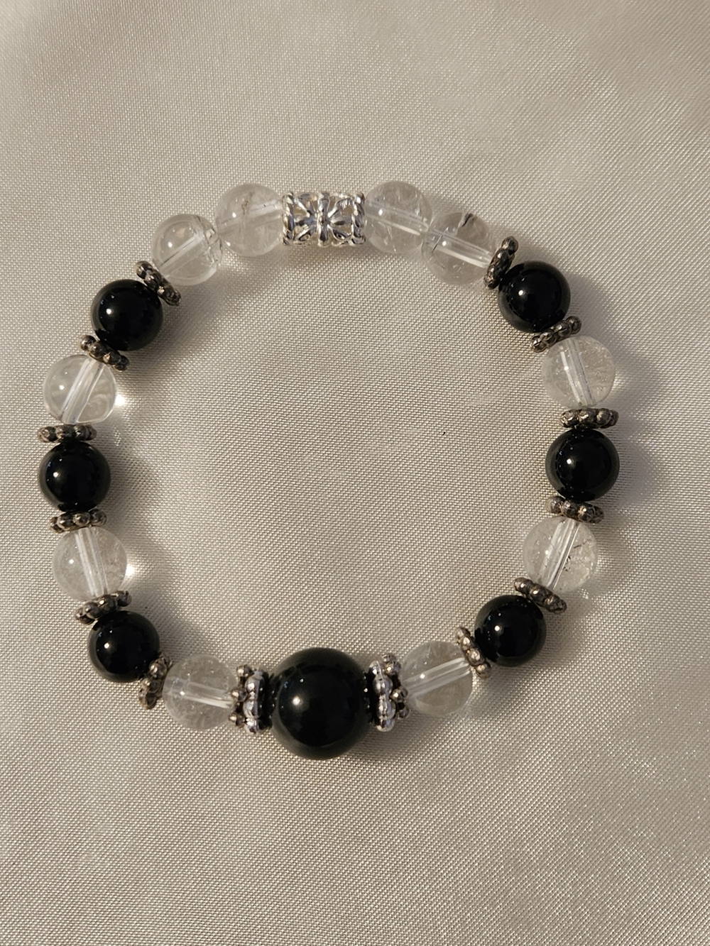 Obsidian and Clear AAA Quartz Crystal Handmade Bracelet - With Siver Accents